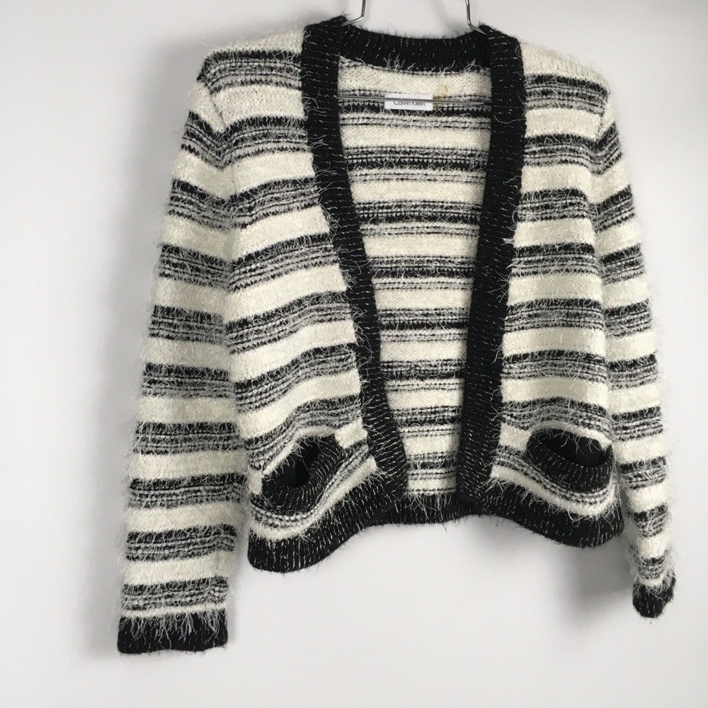 Calvin Klein Fuzzy Hairy Crop Cardigan Striped - Picture 2 of 8